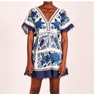 Farm Rio Tropical Tiles Blue and White Floral Dress